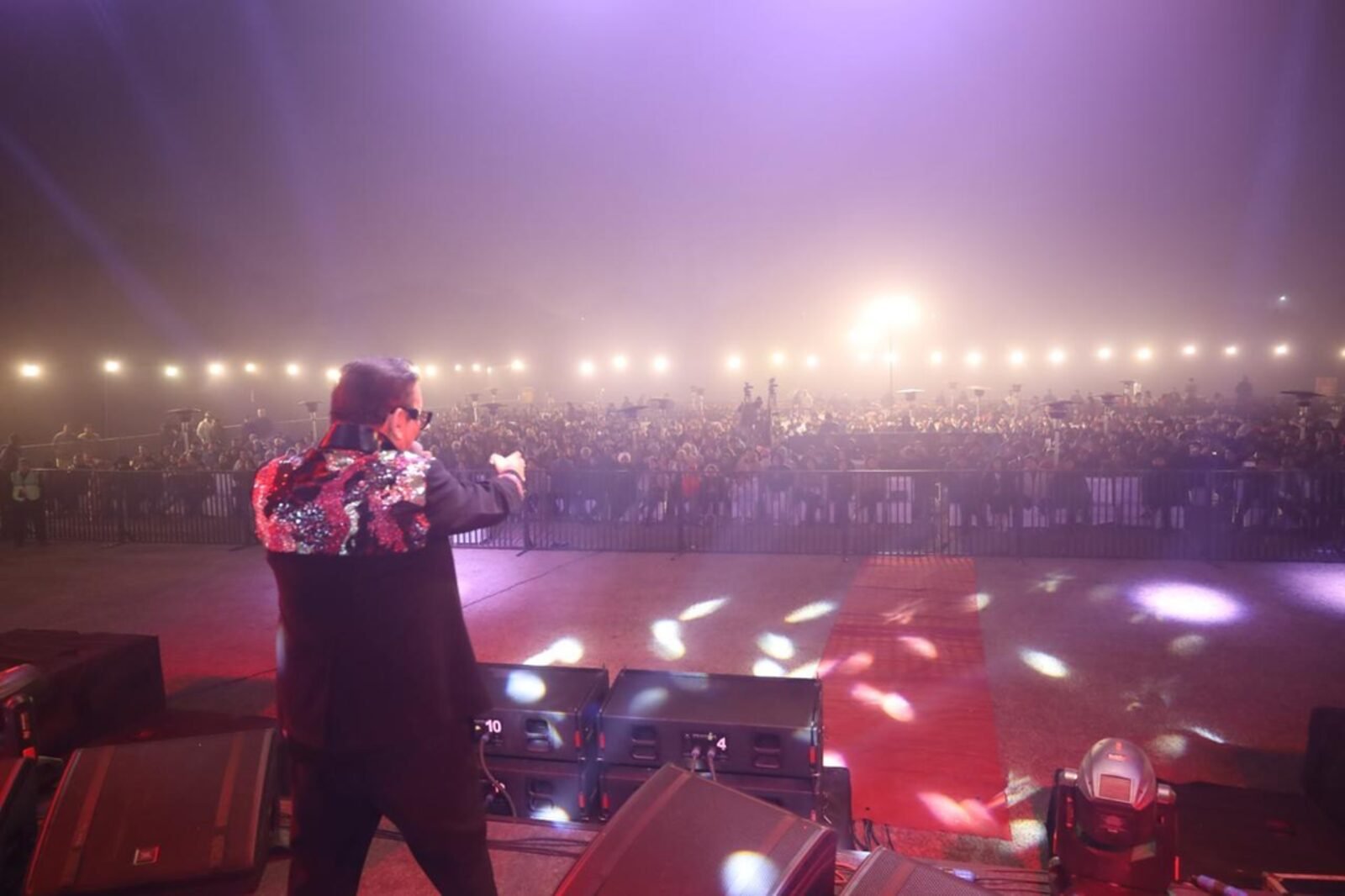A singer performing to a large crowd at night, seen from the stage